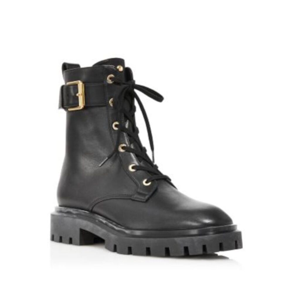 Stuart Weitzman- Black Leather Lace-Up Combat Boots with Gold Buckle- Size 11